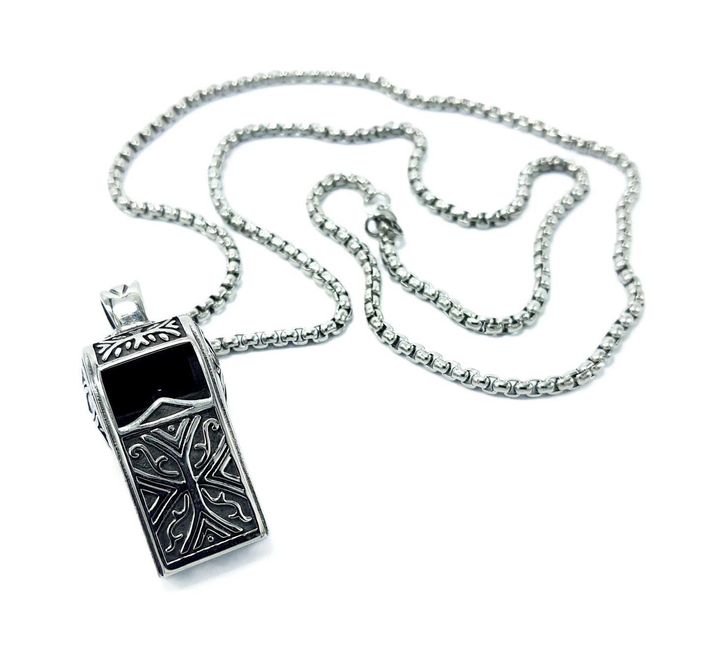 Ornate Whistle Mens Stainless Steel Necklace