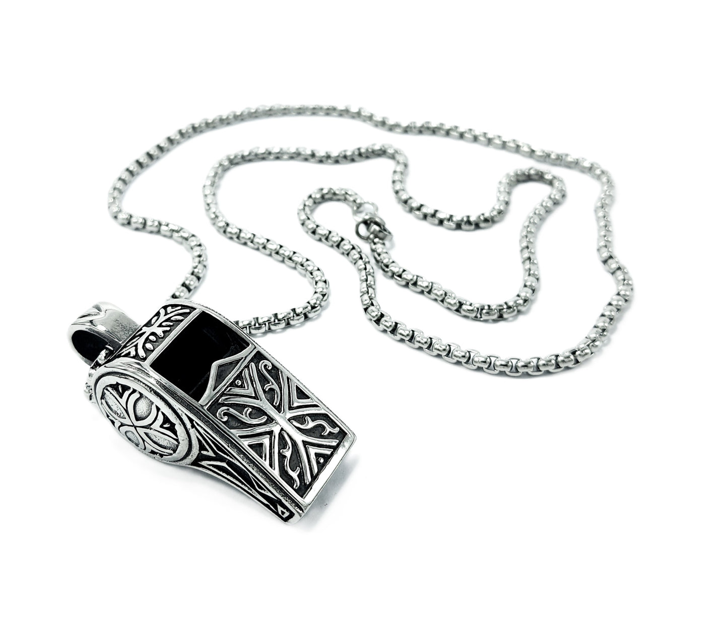 Ornate Whistle Mens Stainless Steel Necklace