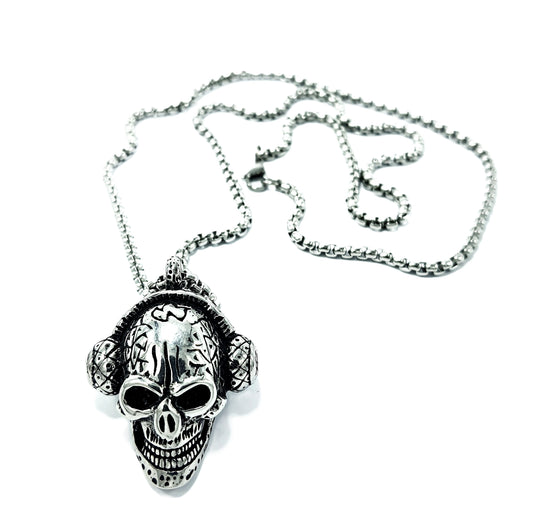 Skull with Headphones Mens Stainless Steel Necklace