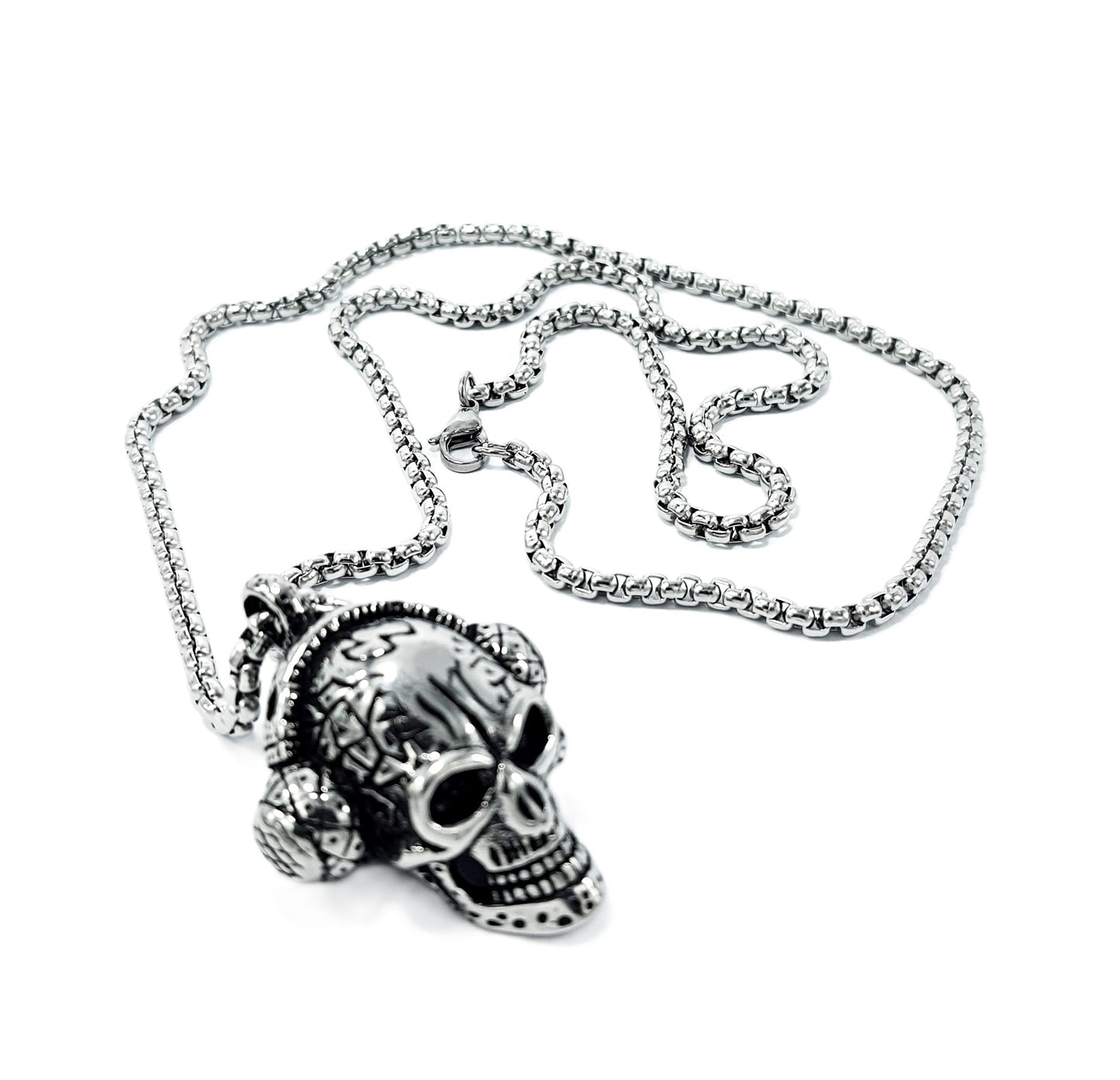 Skull with Headphones Mens Stainless Steel Necklace