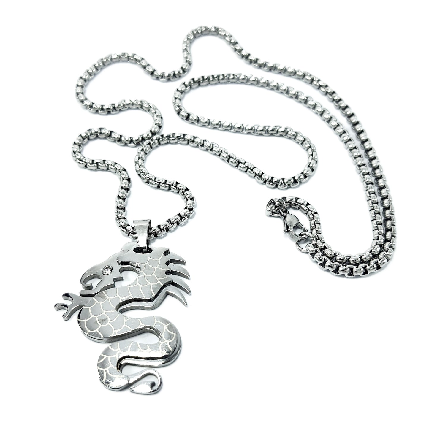 Crystal Eye Dragon Pendant Mens Stainless Steel Necklace