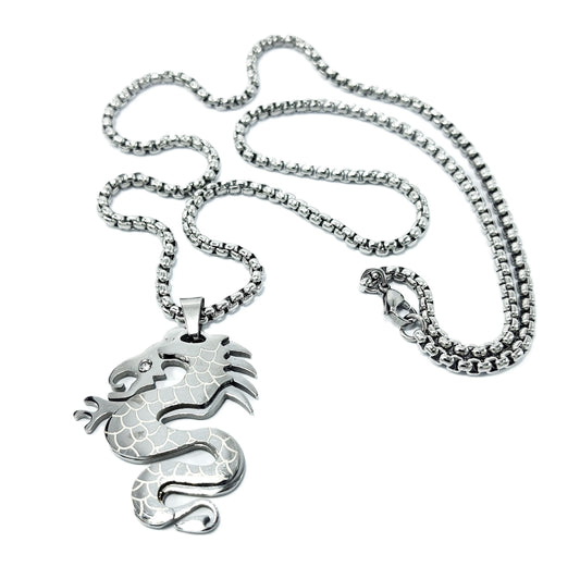 Crystal Eye Dragon Pendant Mens Stainless Steel Necklace