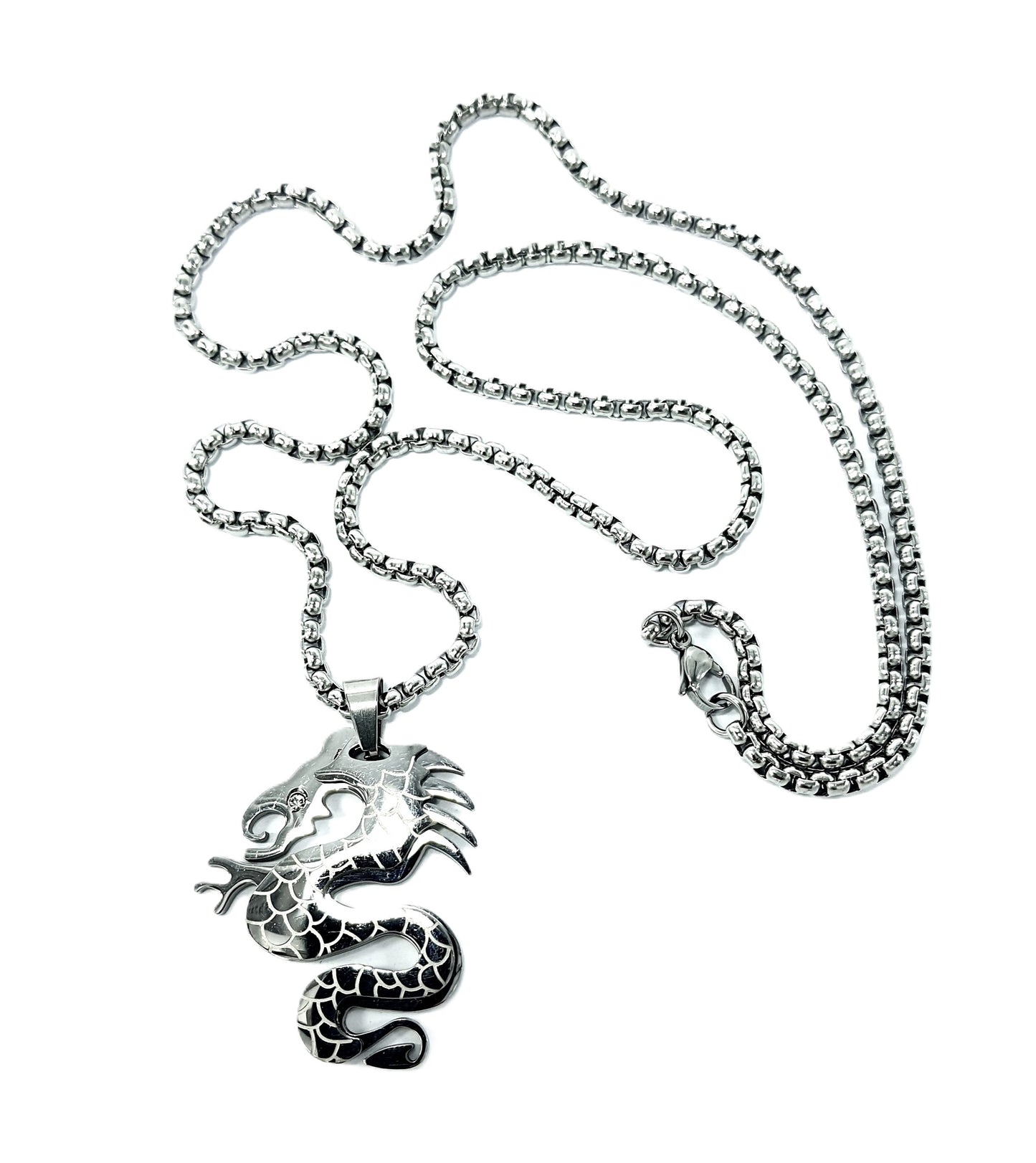 Crystal Eye Dragon Pendant Mens Stainless Steel Necklace