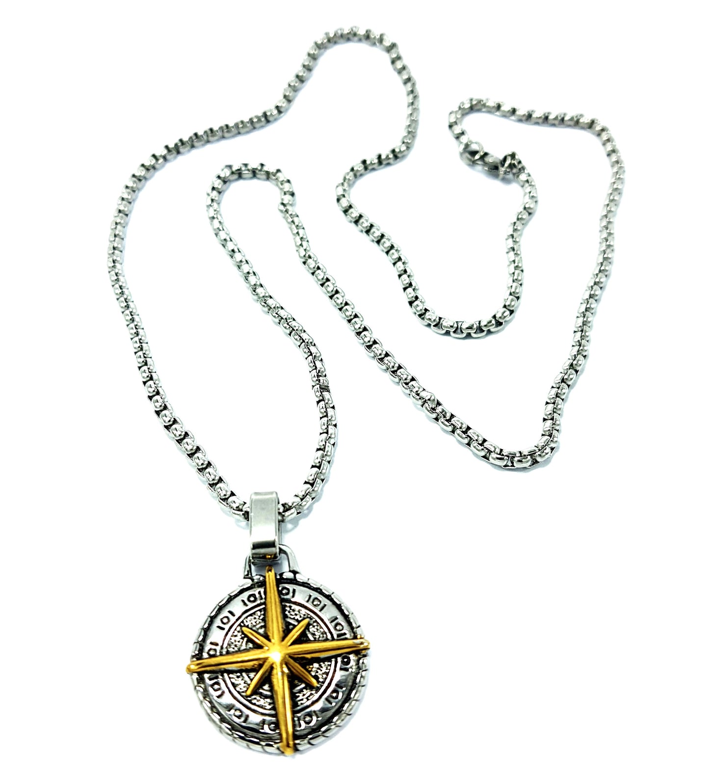 Compass with North Brass Star Mens Stainless Steel Necklace