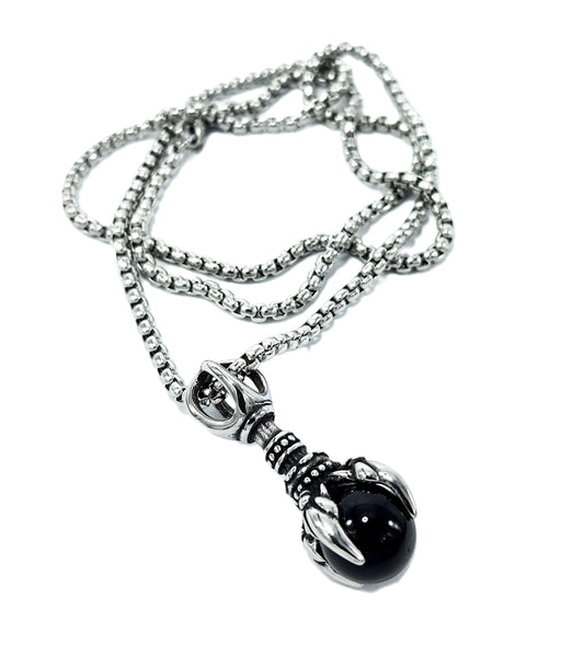 Dragon Claw with Black Crystal Ball Mens Stainless Steel Necklace