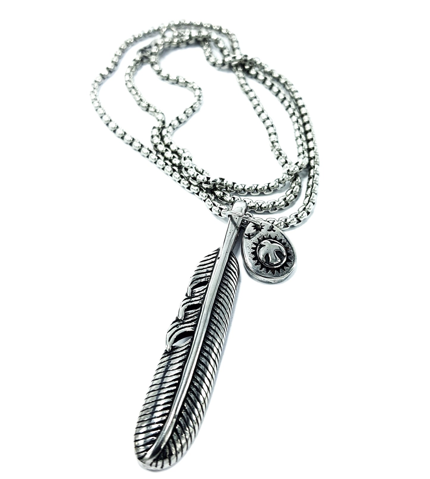 Feather and Eagle Mens Stainless Steel Necklace