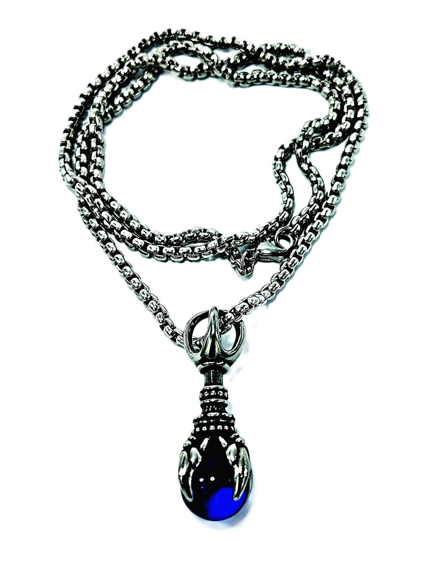 Dragon Claw with Blue Crystal Ball Mens Stainless Steel Necklace