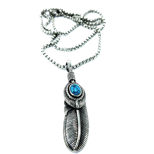 Feather with Howlite Mens Stainless Steel Necklace