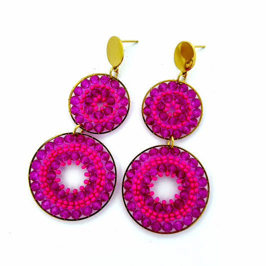 Fuschia and Purple Double Drop Stainless Steel Earrings