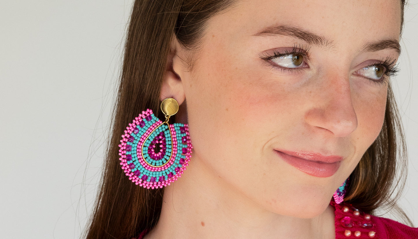 Pink and Turquoise Beaded Earrings