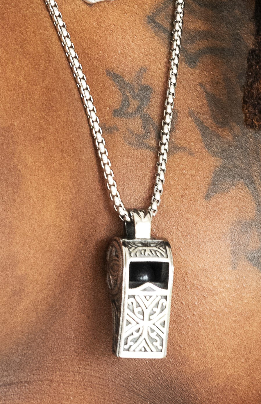 Ornate Whistle Mens Stainless Steel Necklace