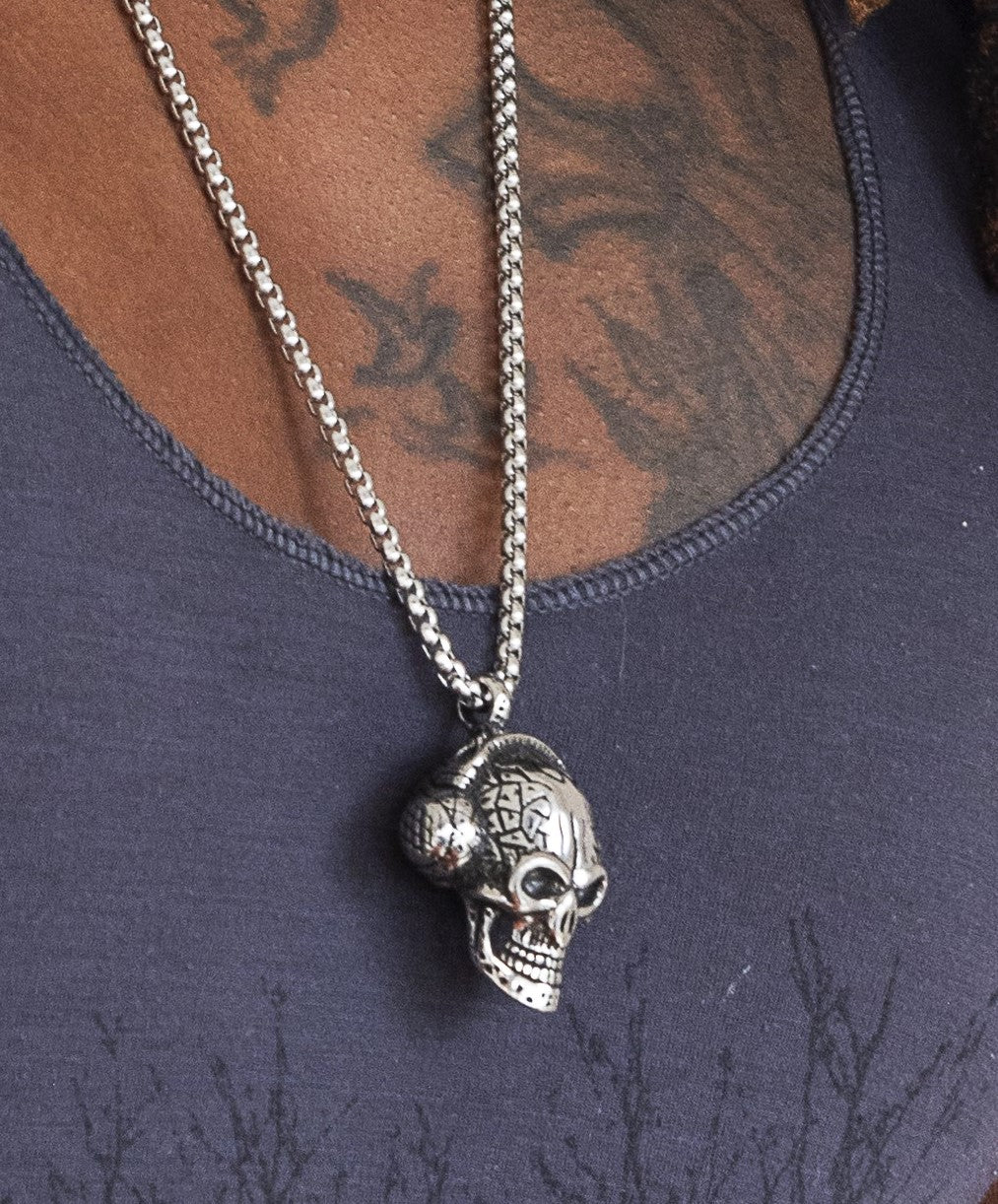 Skull with Headphones Mens Stainless Steel Necklace