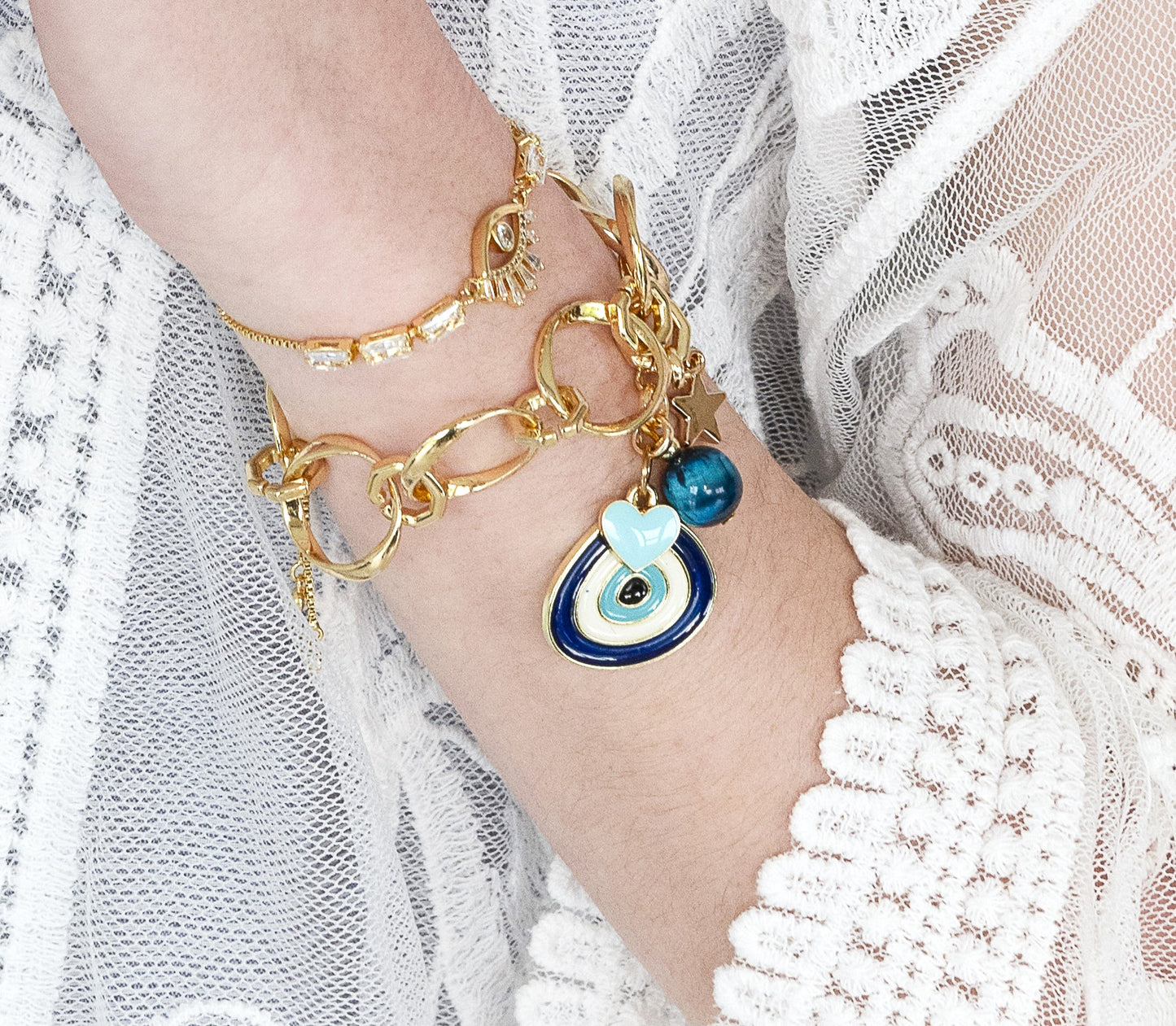 Heart and Evil Eye Charm Bracelet